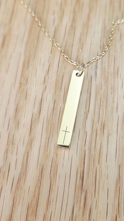 Vertical Bar Cross Necklace – Engraved Faith Pendant