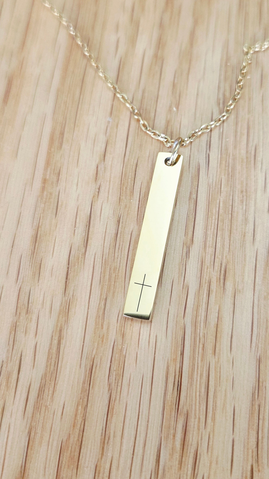 Vertical Bar Cross Necklace – Engraved Faith Pendant