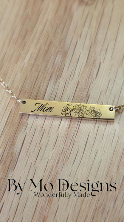 Personalized Mom Birth Flower Bar Necklace