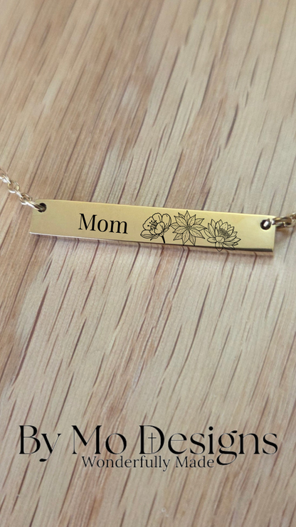 Personalized Mom Birth Flower Bar Necklace