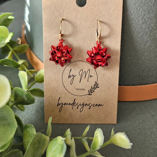 Holiday Gift Bow Earrings – 14K Gold Plated, Hypoallergenic | Festive Bow Dangle Earrings in Ruby, Green, Gold & Silver